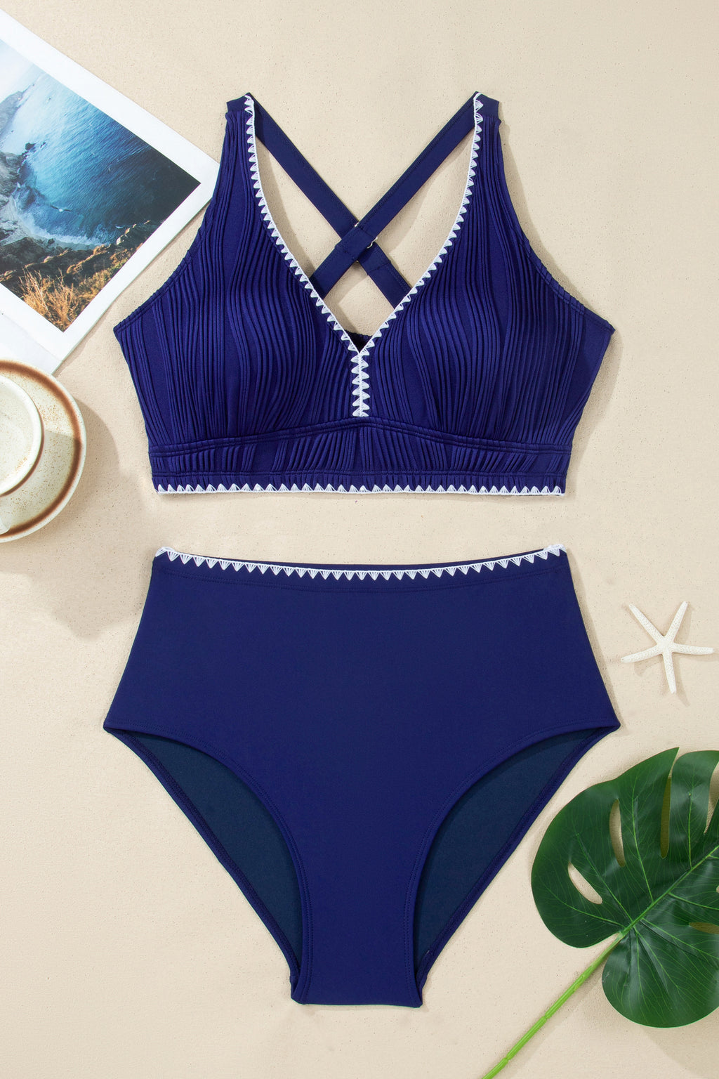 Dark Blue Shell Stitched Trim V Neck Textured Mix and Match High Waist Bikinis