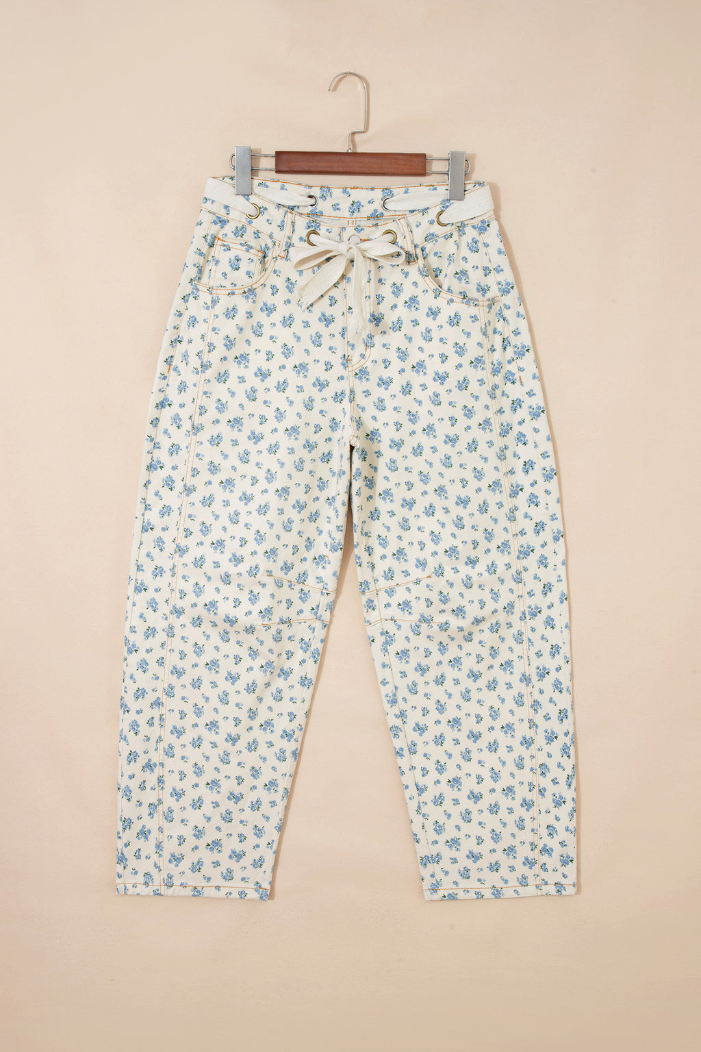 Beige Grommet Knot Waist Floral Barrel Leg Jeans