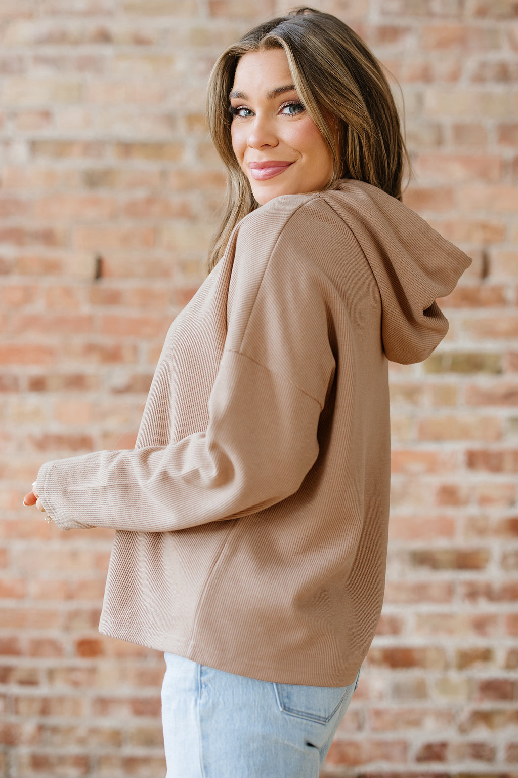 Rose Tan Thermal Textured Lace Drawstring Baggy Hoodie