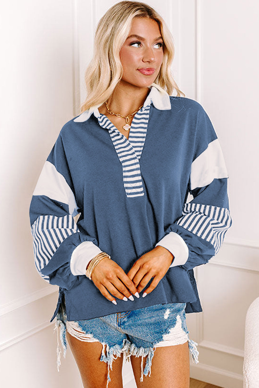 Light French Beige Striped Colorblock Patchwork Collar Sweatshirt