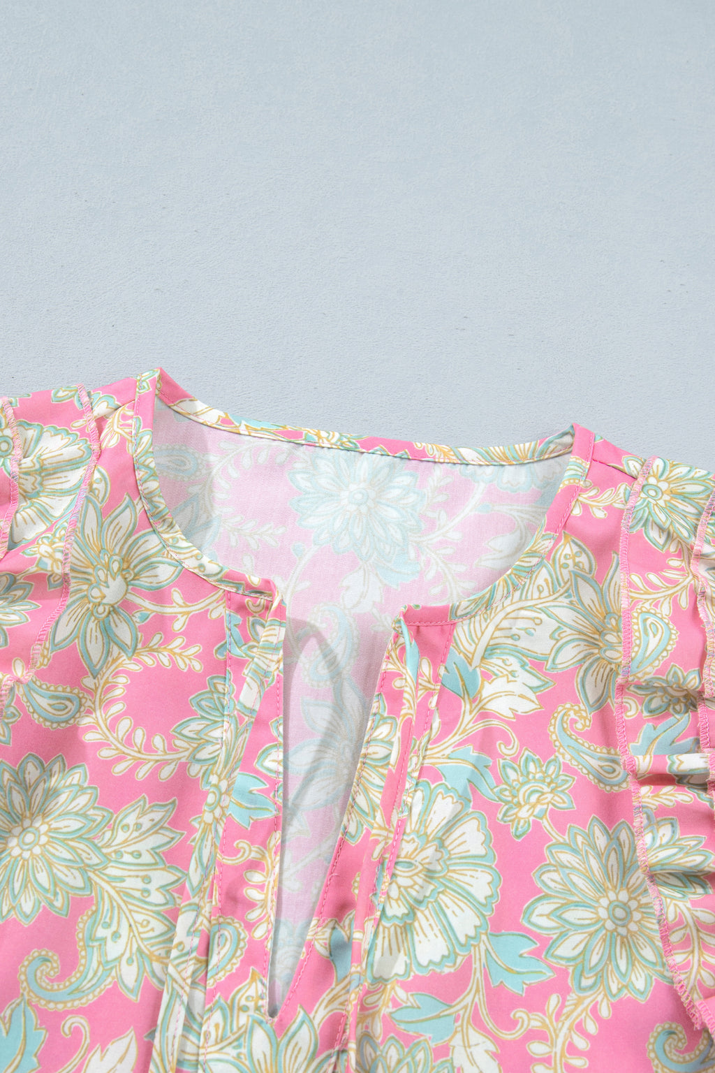 Pink Tie V Neck Floral Short Puff Sleeve Blouse