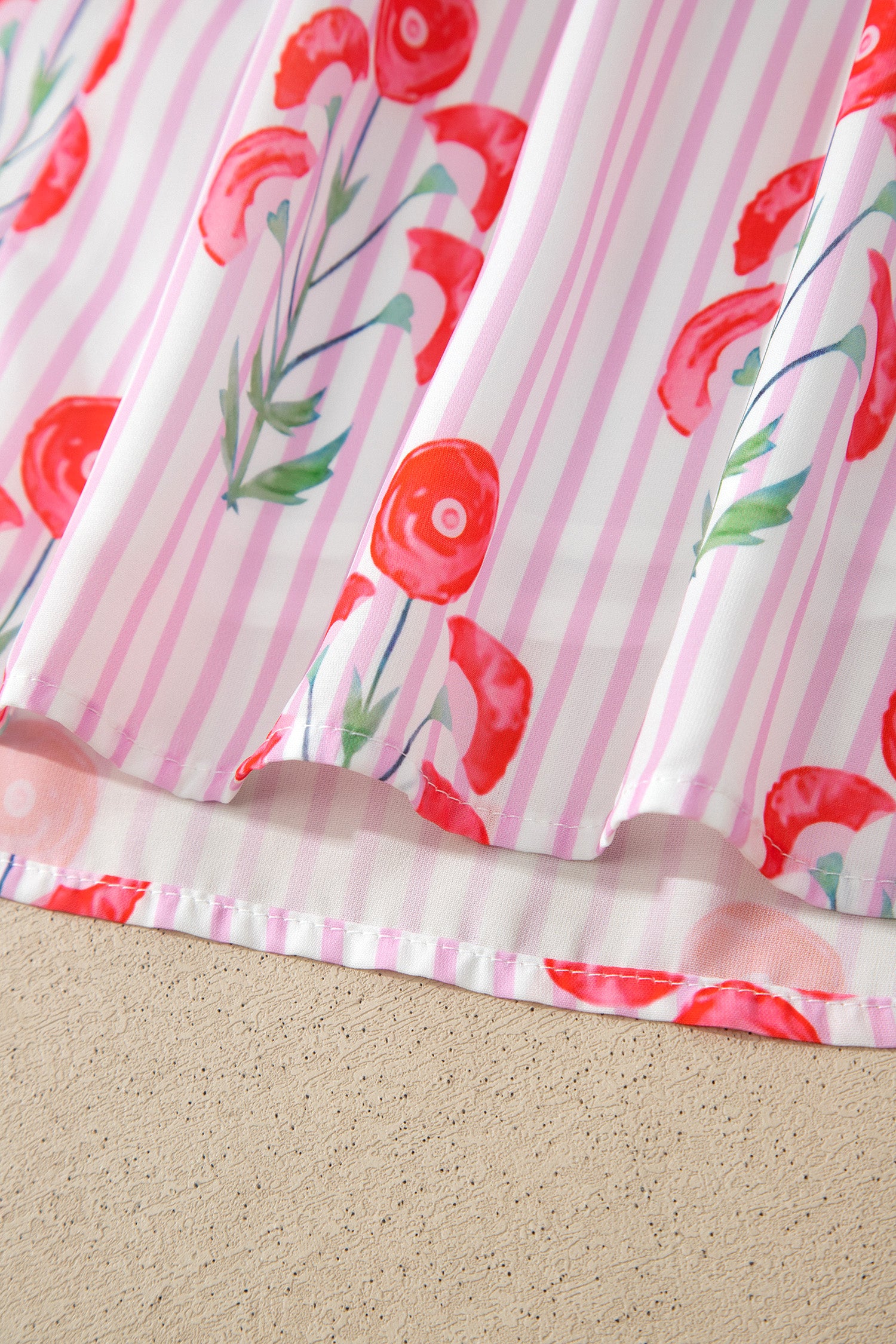 Pink Floral Striped Print Tie Notched Neck Puff Sleeve Flared Mini Dress