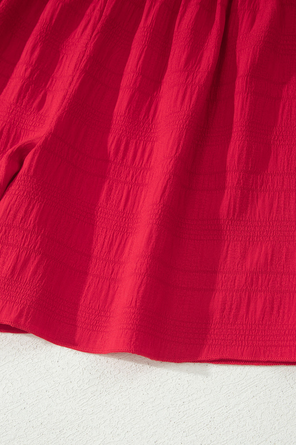 Fiery Red Textured Square Neck Top and Shirred High Waist Shorts Set