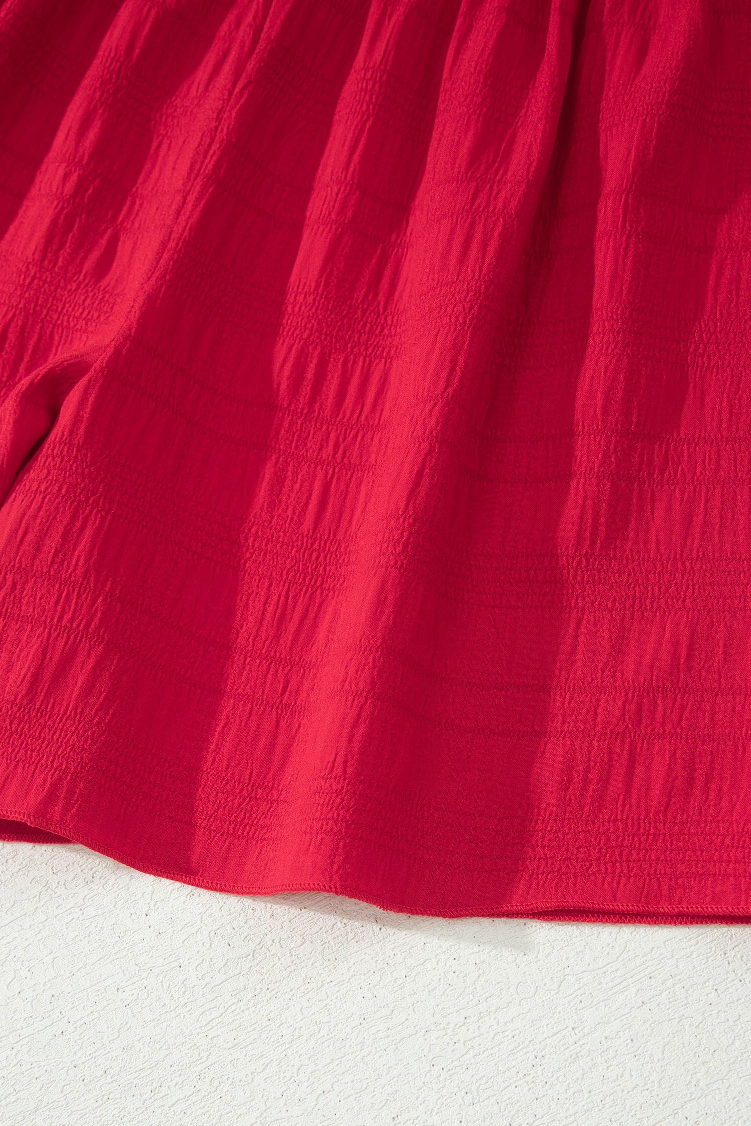 Fiery Red Textured Square Neck Top and Shirred High Waist Shorts Set