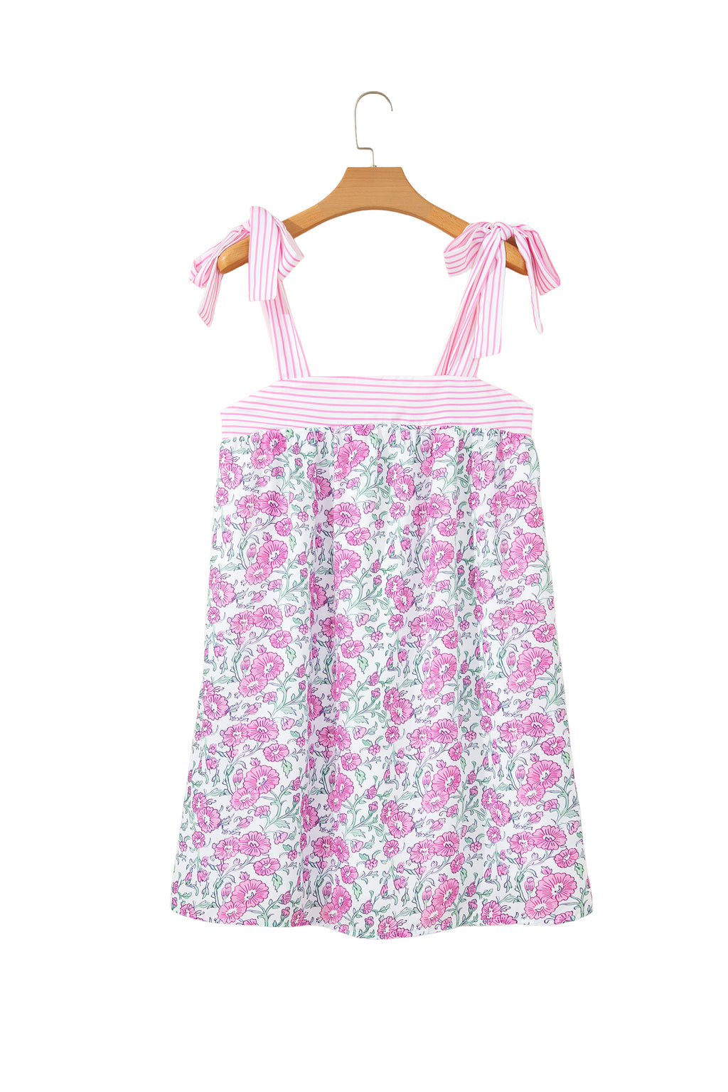 Pink Floral Print Striped Patchwork Bow Knot Straps Mini Dress