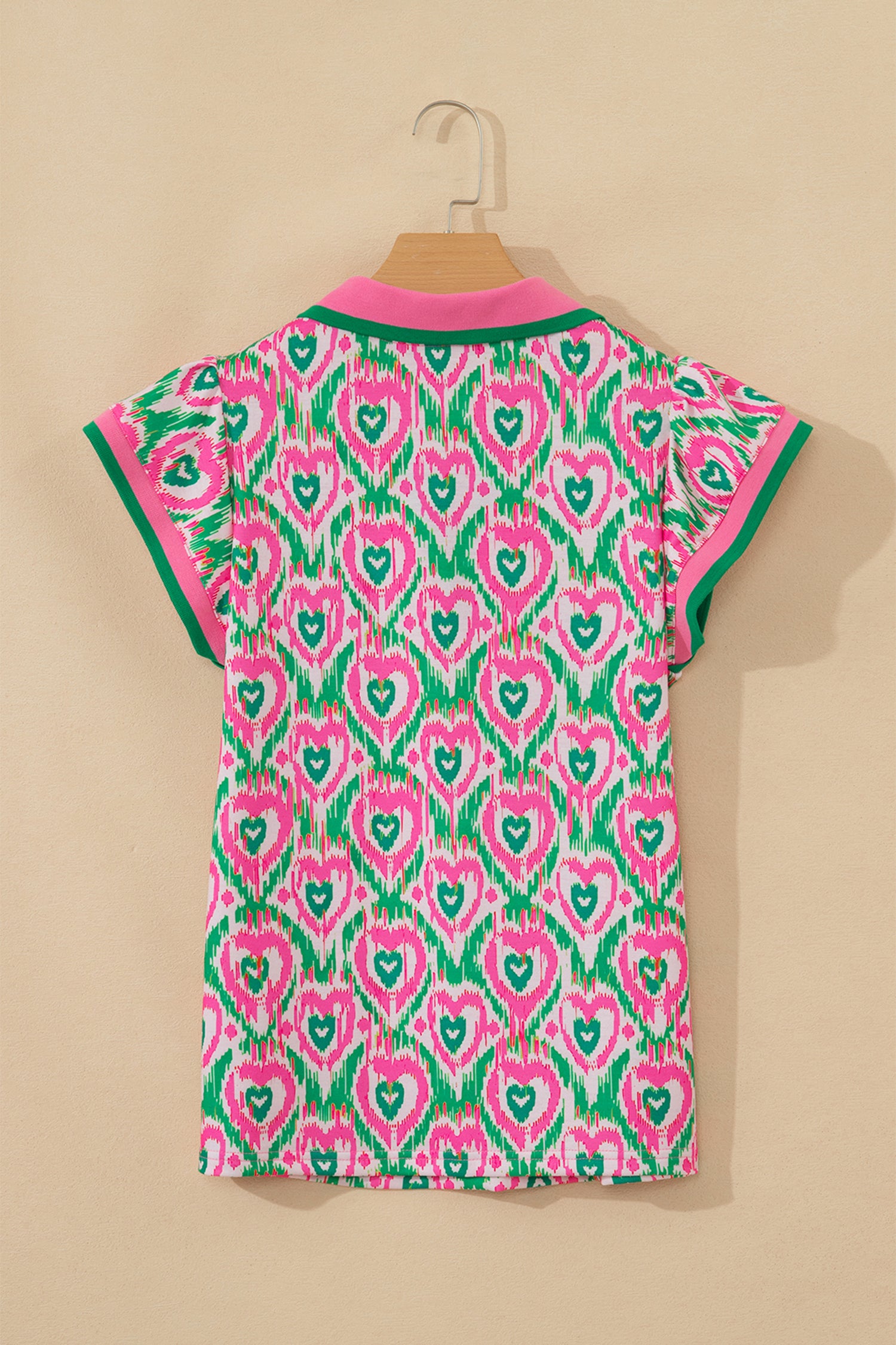 Green Abstract Heart In Heart Print Striped Trim Polo Collar Short Sleeve Blouse