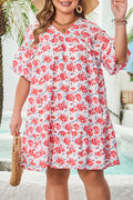 Red Floral Ruffled Half Sleeve V Neck Plus Size Dress
