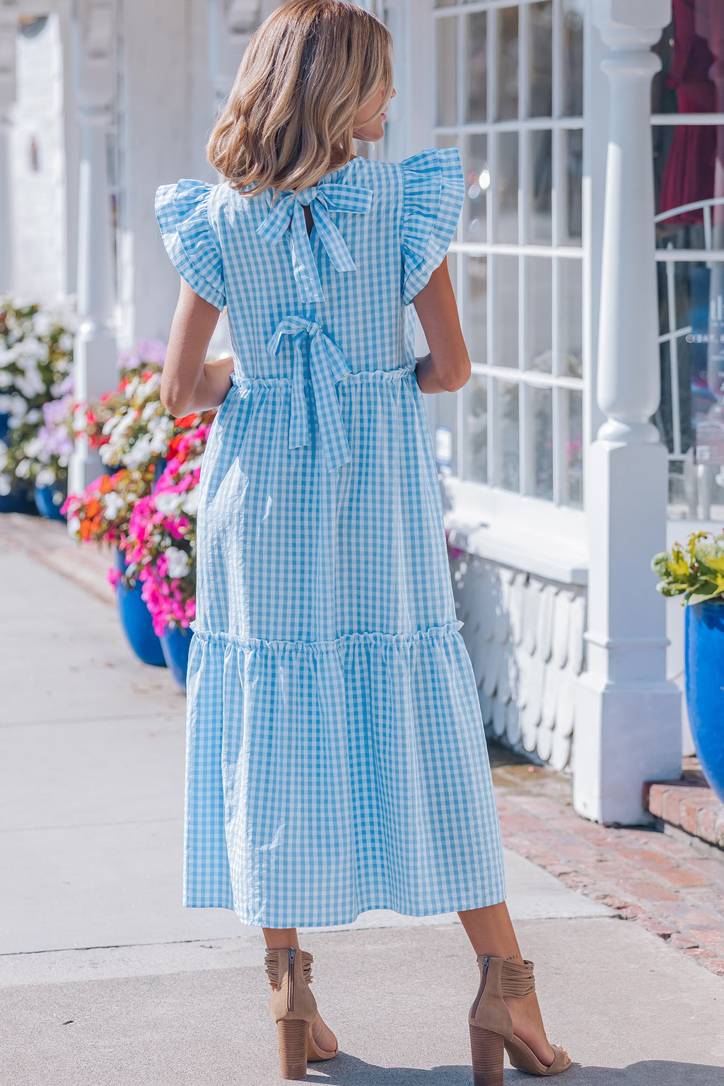 Blue Knot Back Ruffled Short Sleeve Gingham Maxi Dress