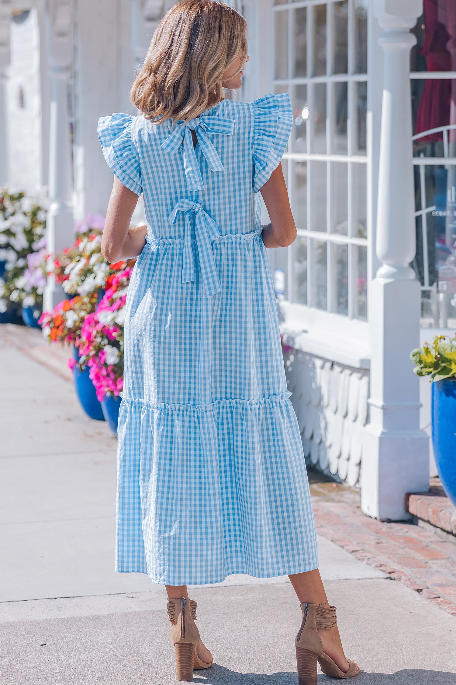 Blue Knot Back Ruffled Short Sleeve Gingham Maxi Dress