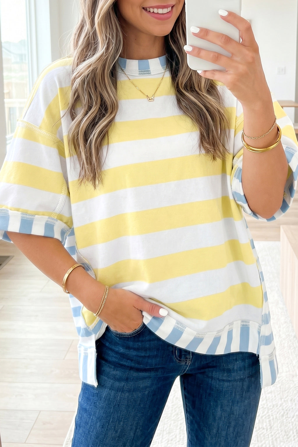 Pink Stripe Exposed Seam Contrast Patchwork Oversized Top