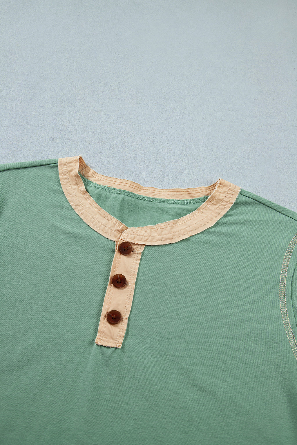 Mint Green Raw Seam Color Block Detail Buttoned Henley Tee