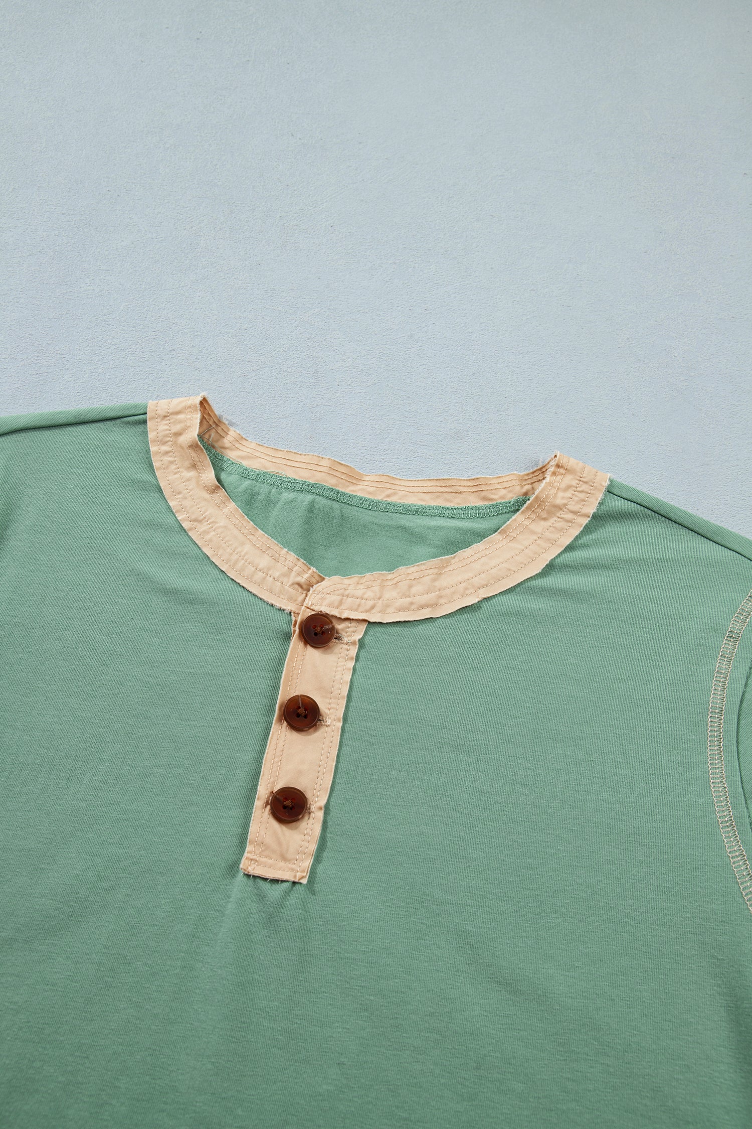Mint Green Raw Seam Color Block Detail Buttoned Henley Tee