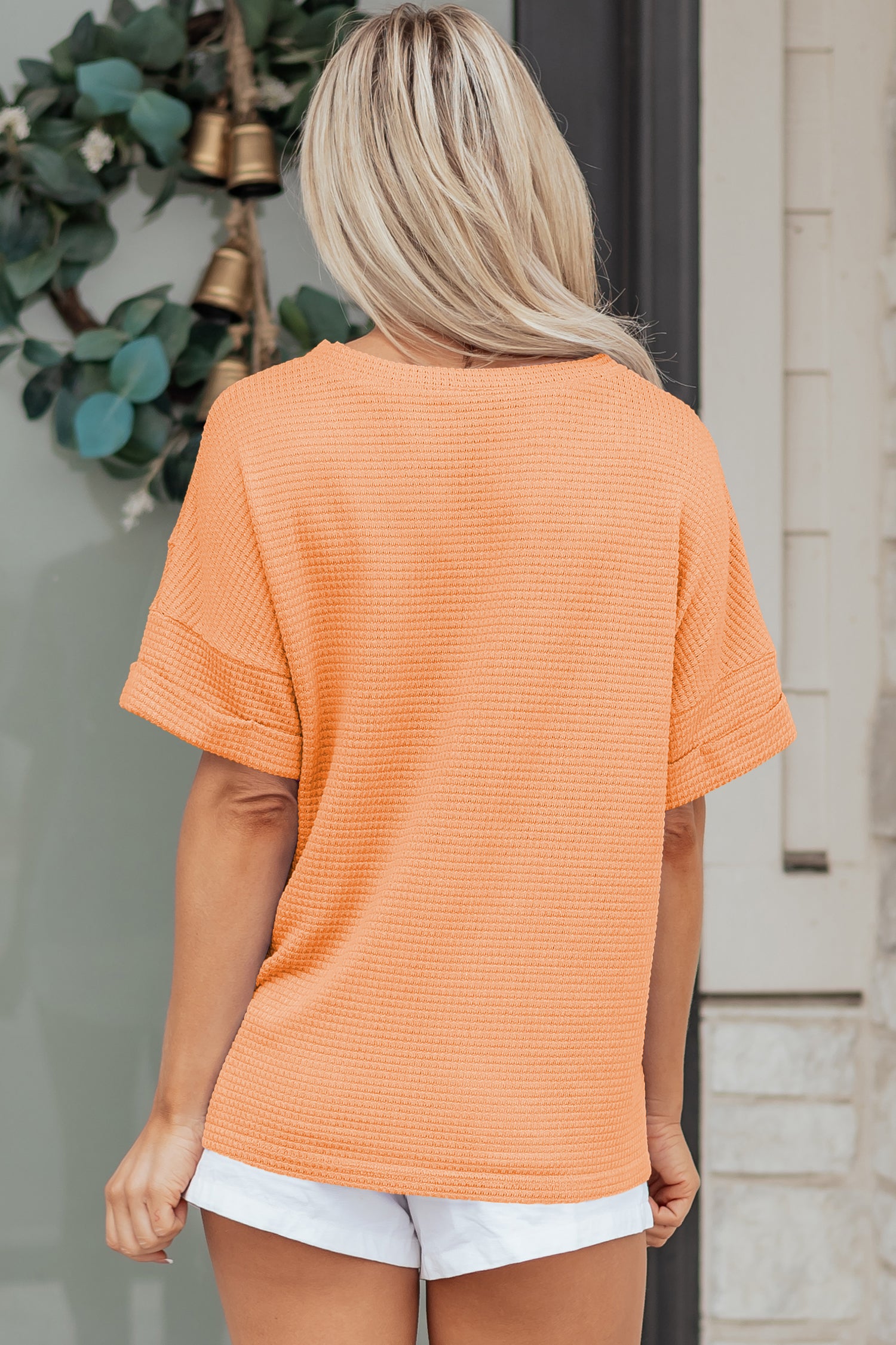 Wisteria Waffle V Neck Short Sleeve Knit Top