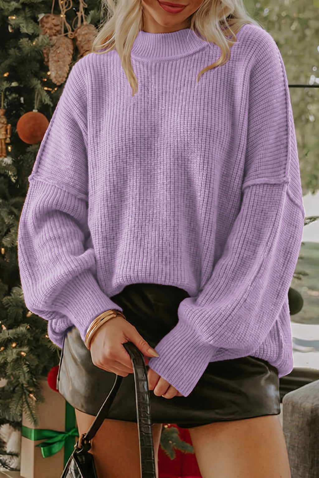 Chestnut Long Sleeve Ribbed Knit Stand Neck Regular Fit Pullover Sweater