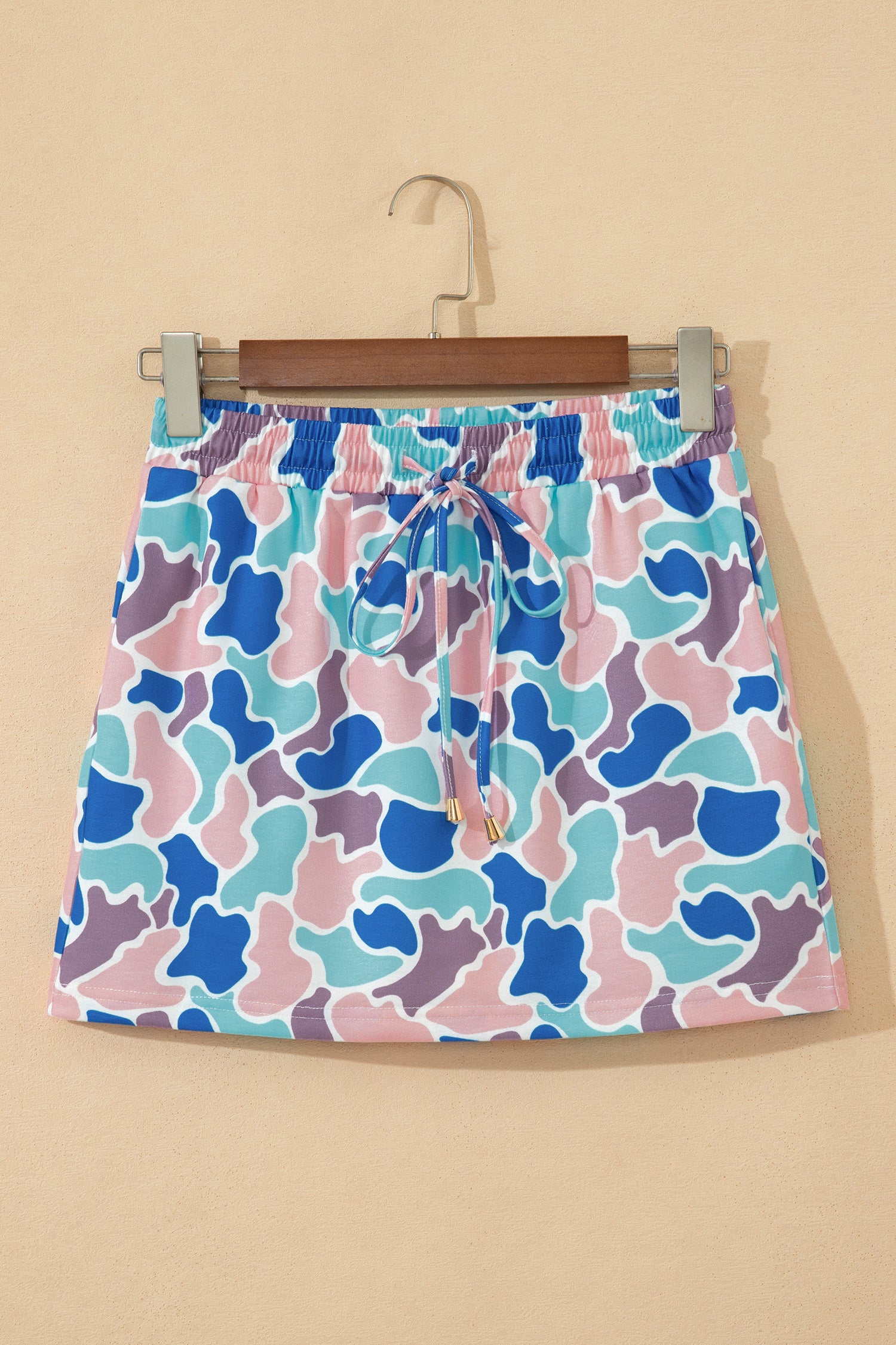 Khaki Abstract Camo Elastic Waist Drawstring Mini Skort
