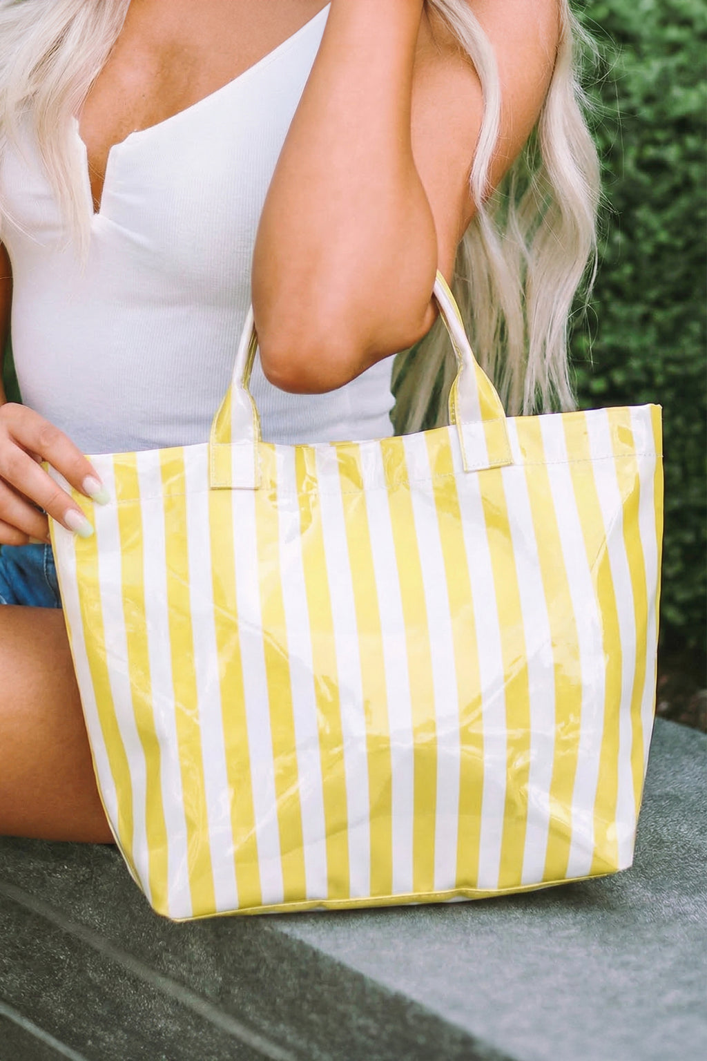 Blackish Green Glossy Striped Vinyl Large Tote Bag