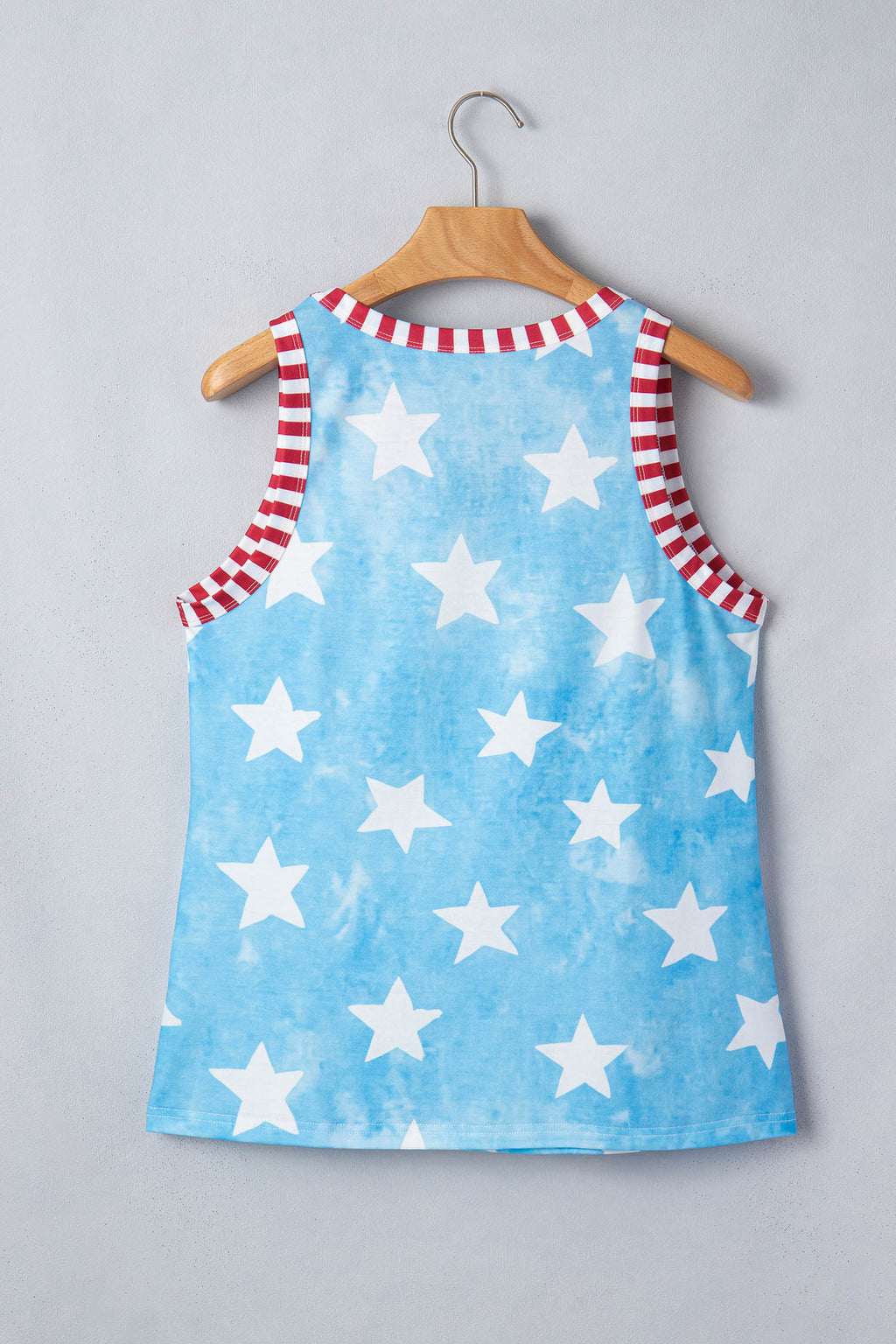 Sky Blue Tie Dye Star Print Striped Trim Round Neck Casual Tank Top