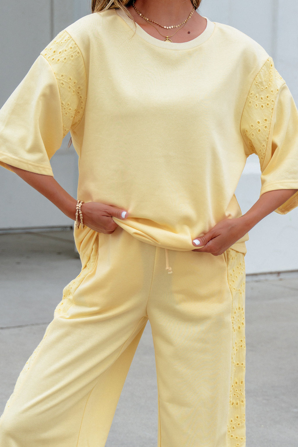 Light Green Lace Patchwork Half Sleeve Top Elastic Waist Pants Two Piece Set