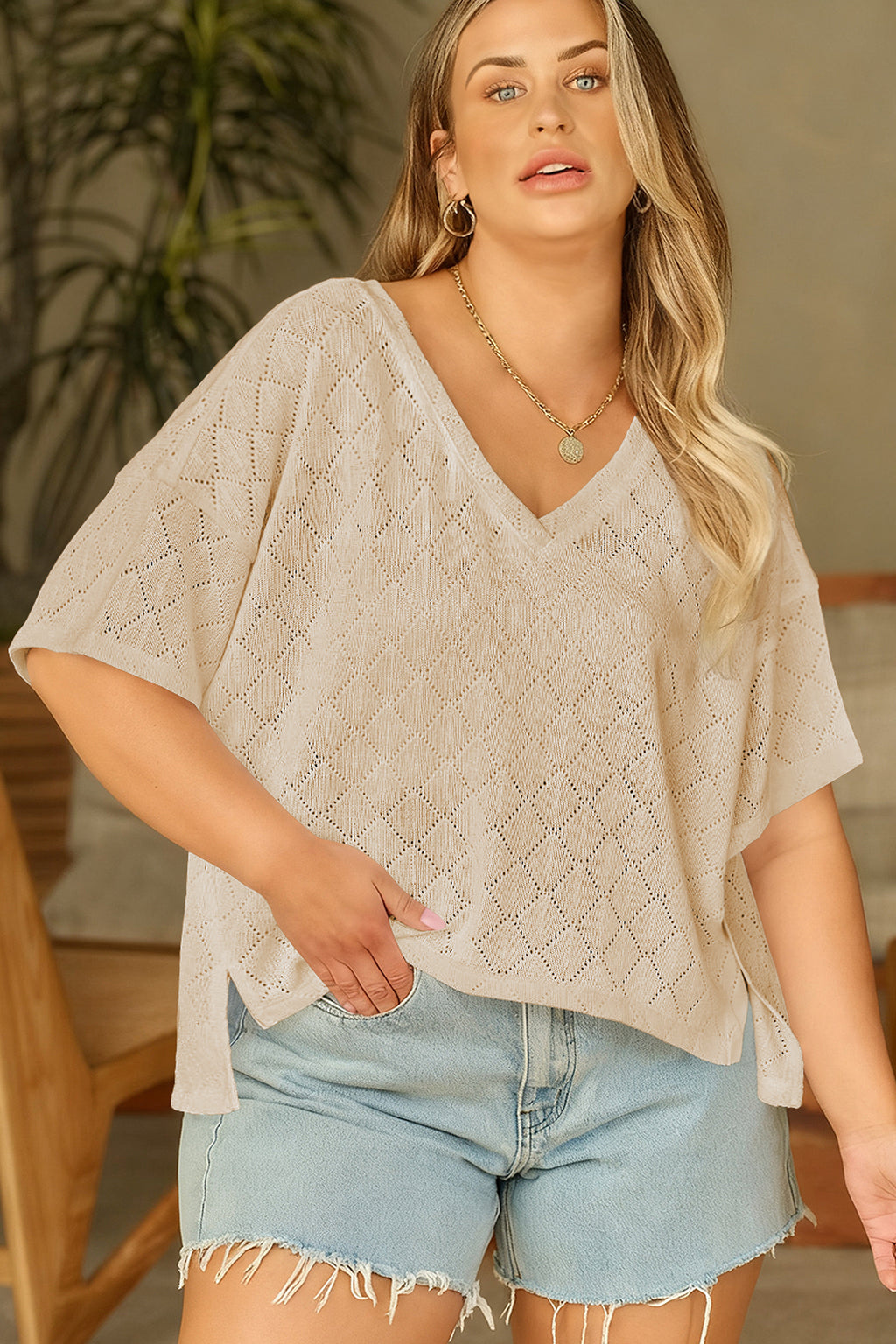 Sky Blue Pointelle Rhombus Knit Plus Size V Neck Loose Top