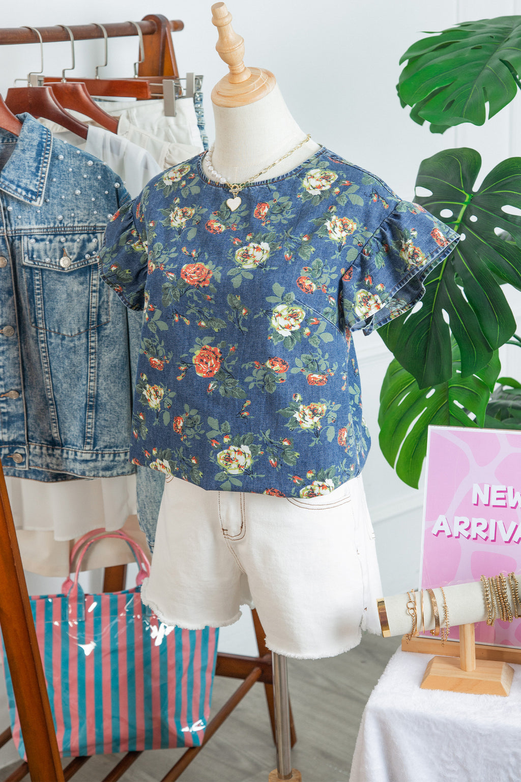 Ashleigh Blue Ruffled Short Sleeve Floral Denim Top