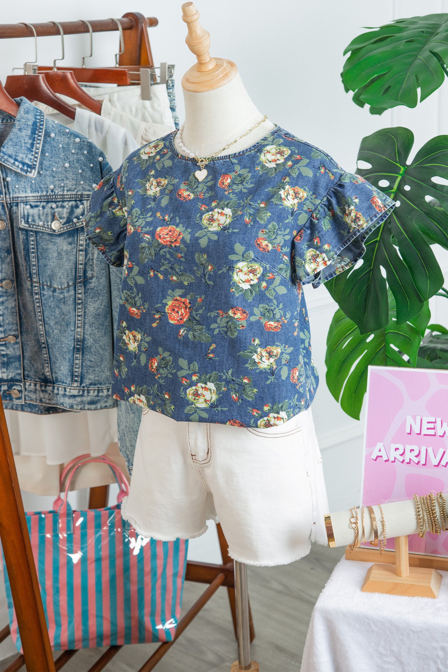 Ashleigh Blue Ruffled Short Sleeve Floral Denim Top