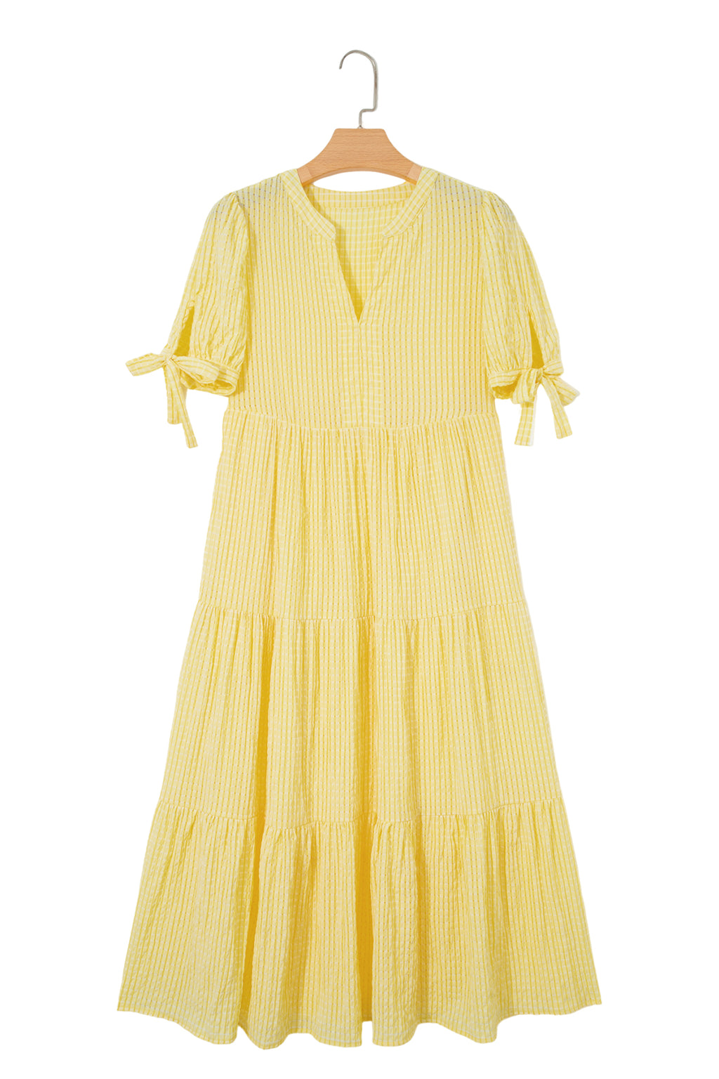Yellow Gingham Textured Bow Tie Short Sleeve Tiered Midi Dress