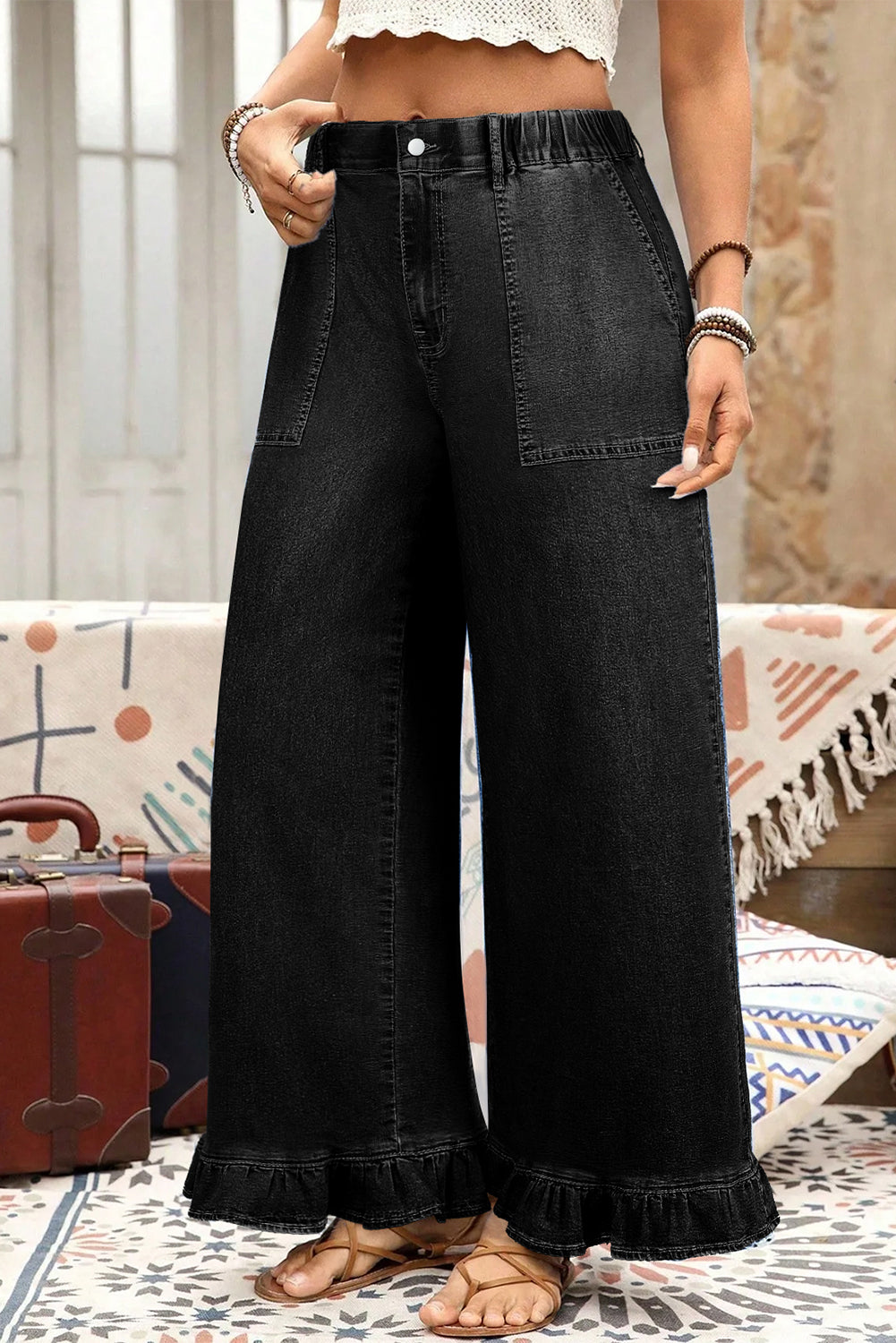 Ashleigh Blue Plus Size Elastic Waist Ruffled Wide Leg Denim Pants