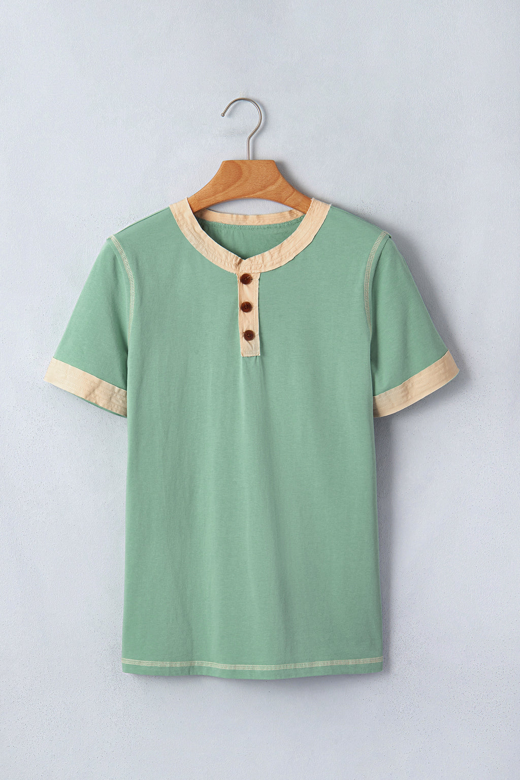 Mint Green Raw Seam Color Block Detail Buttoned Henley Tee