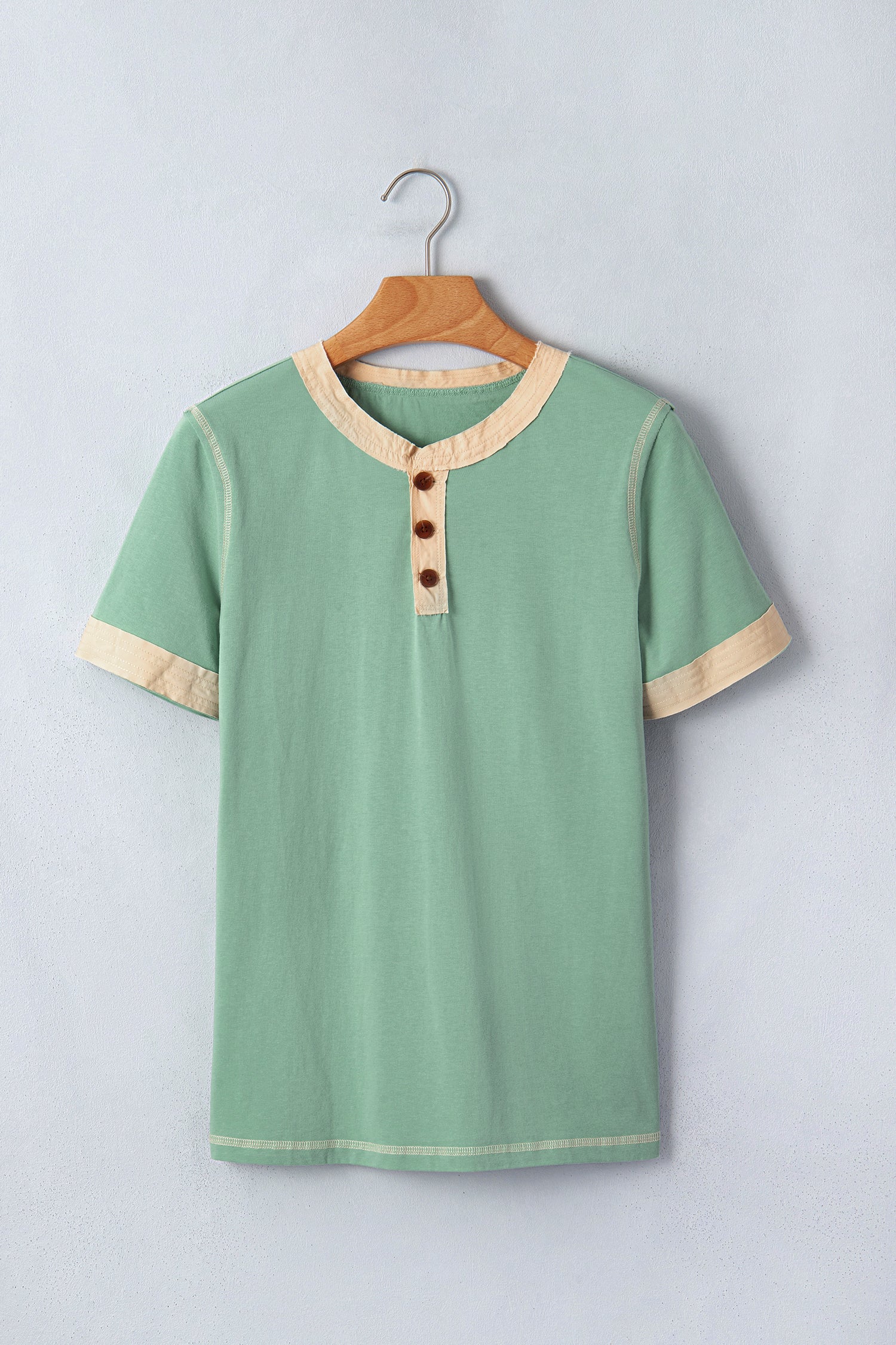Mint Green Raw Seam Color Block Detail Buttoned Henley Tee