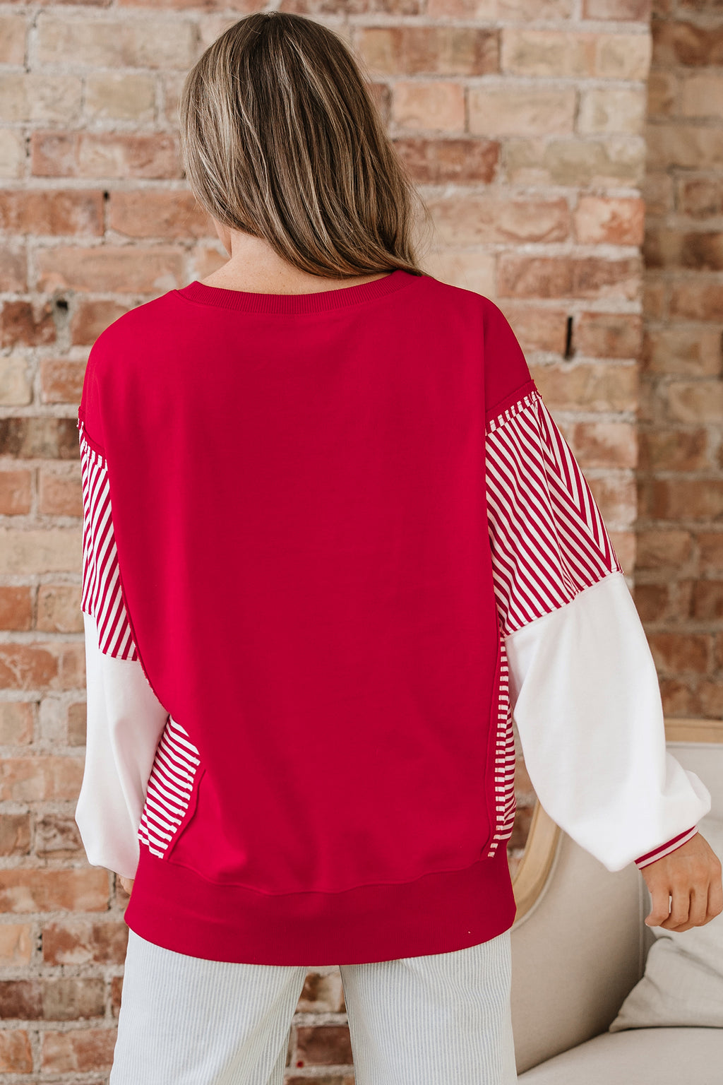 Dark Blue Striped Patchwork Sleeve Colorblock Sweatshirt
