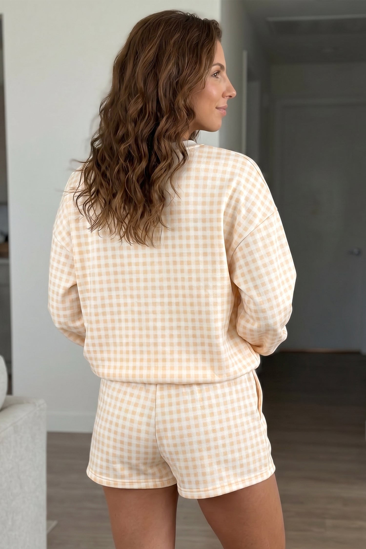 Yellow Plaid Baggy Pullover Drawstring Casual Shorts 2pcs Outfit