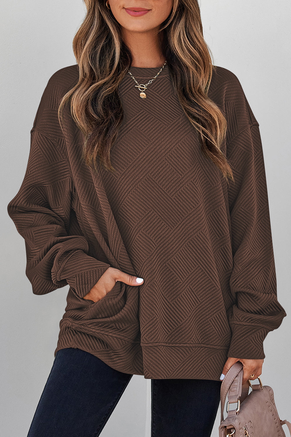White Solid Color Textured Round Neck Drop Shoulder Pullover Sweatshirt