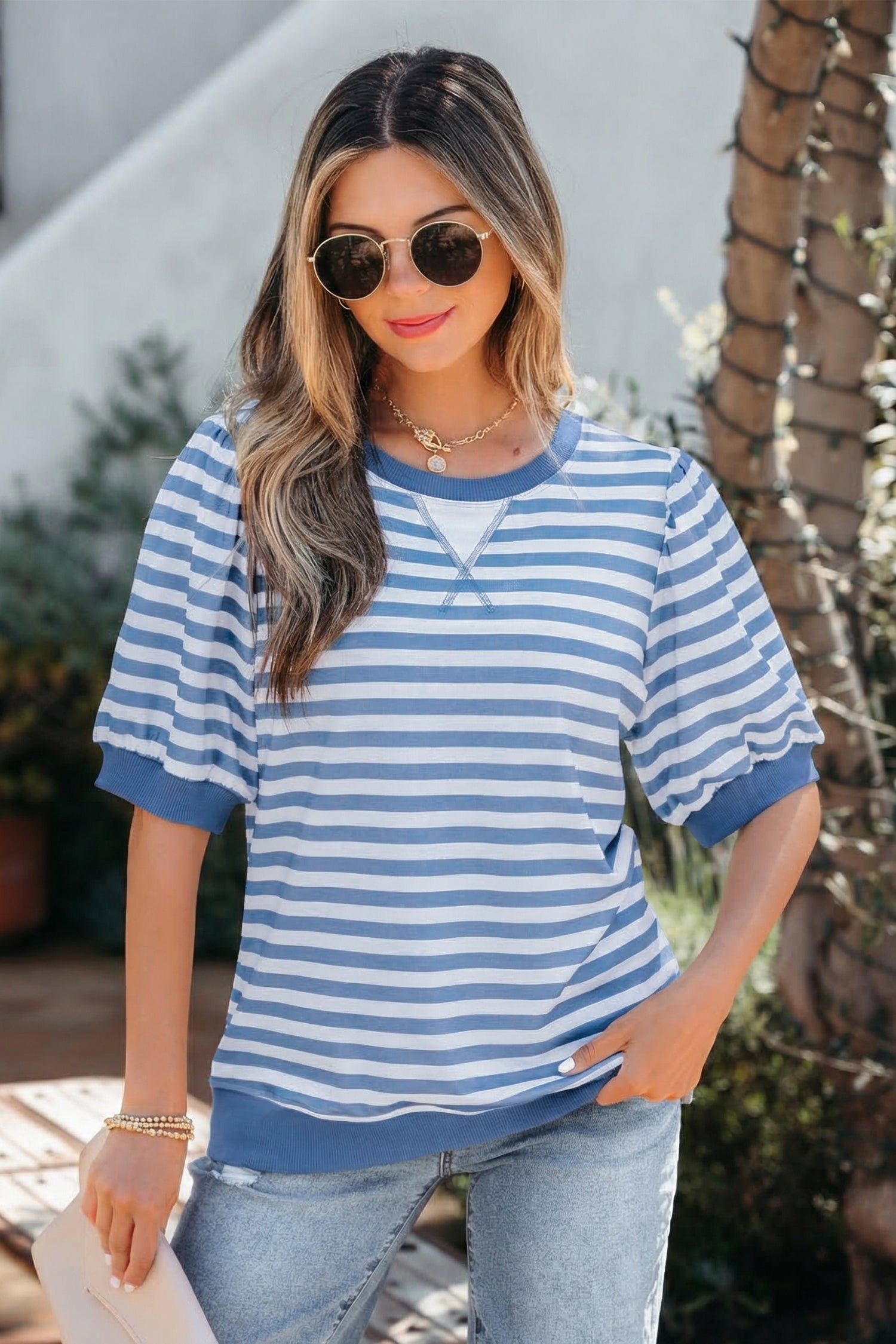 Khaki Stripe Short Bubble Sleeve T Shirt