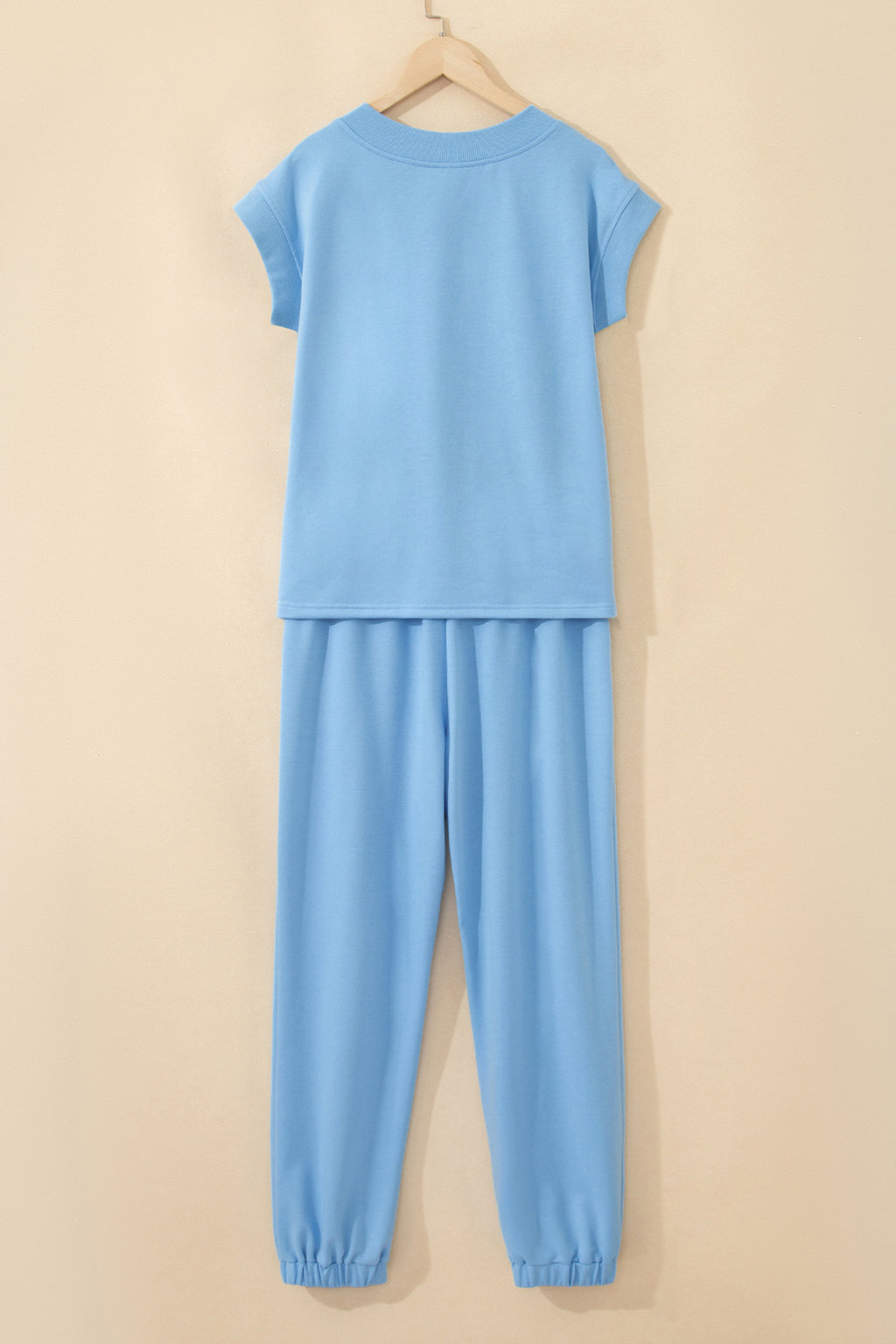 Beau Blue Solid Color V Neck Tee Drawstring Pant Set