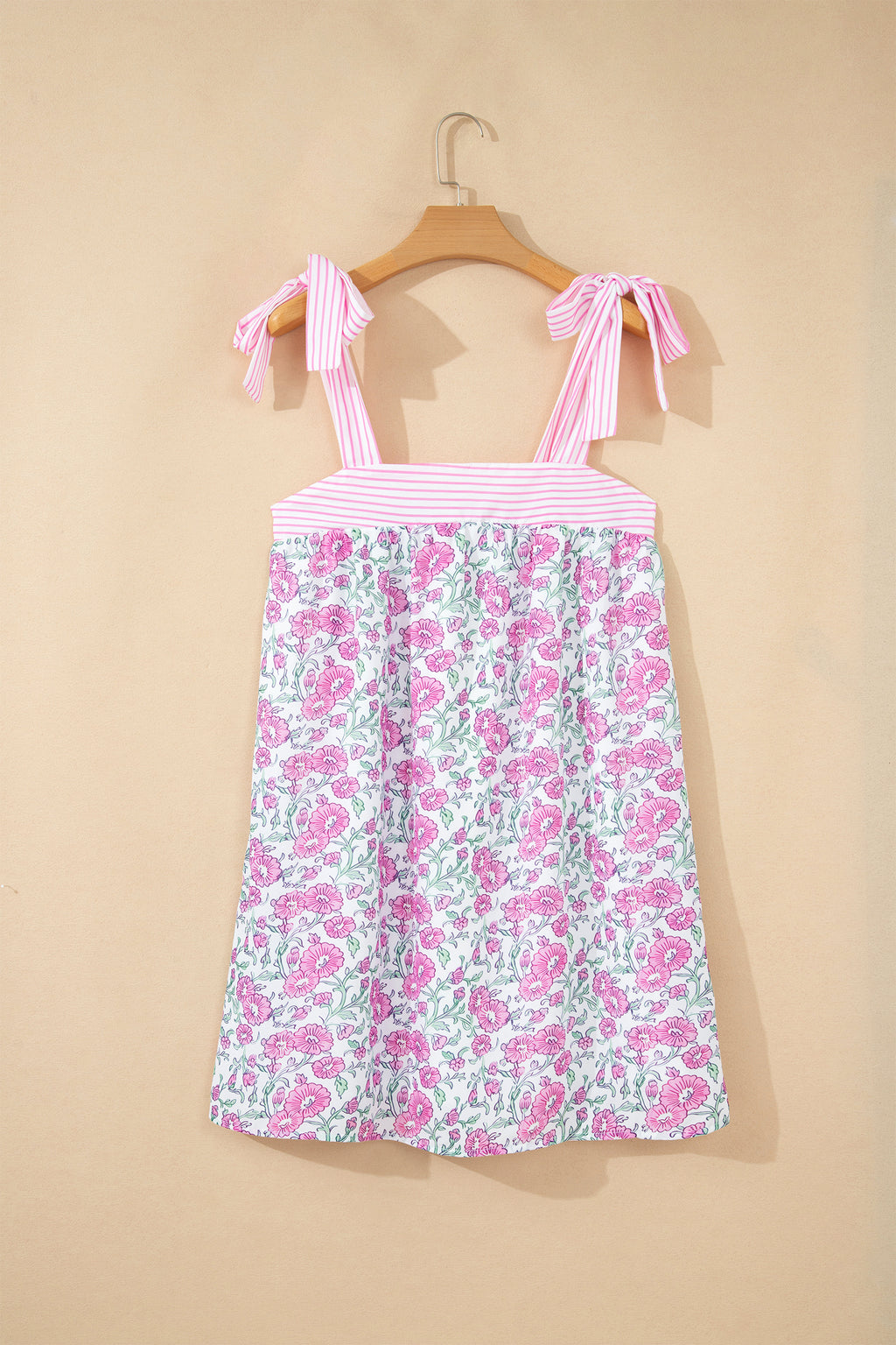 Pink Floral Print Striped Patchwork Bow Knot Straps Mini Dress