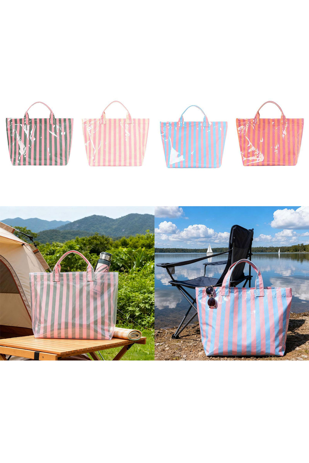 Blackish Green Glossy Striped Vinyl Large Tote Bag