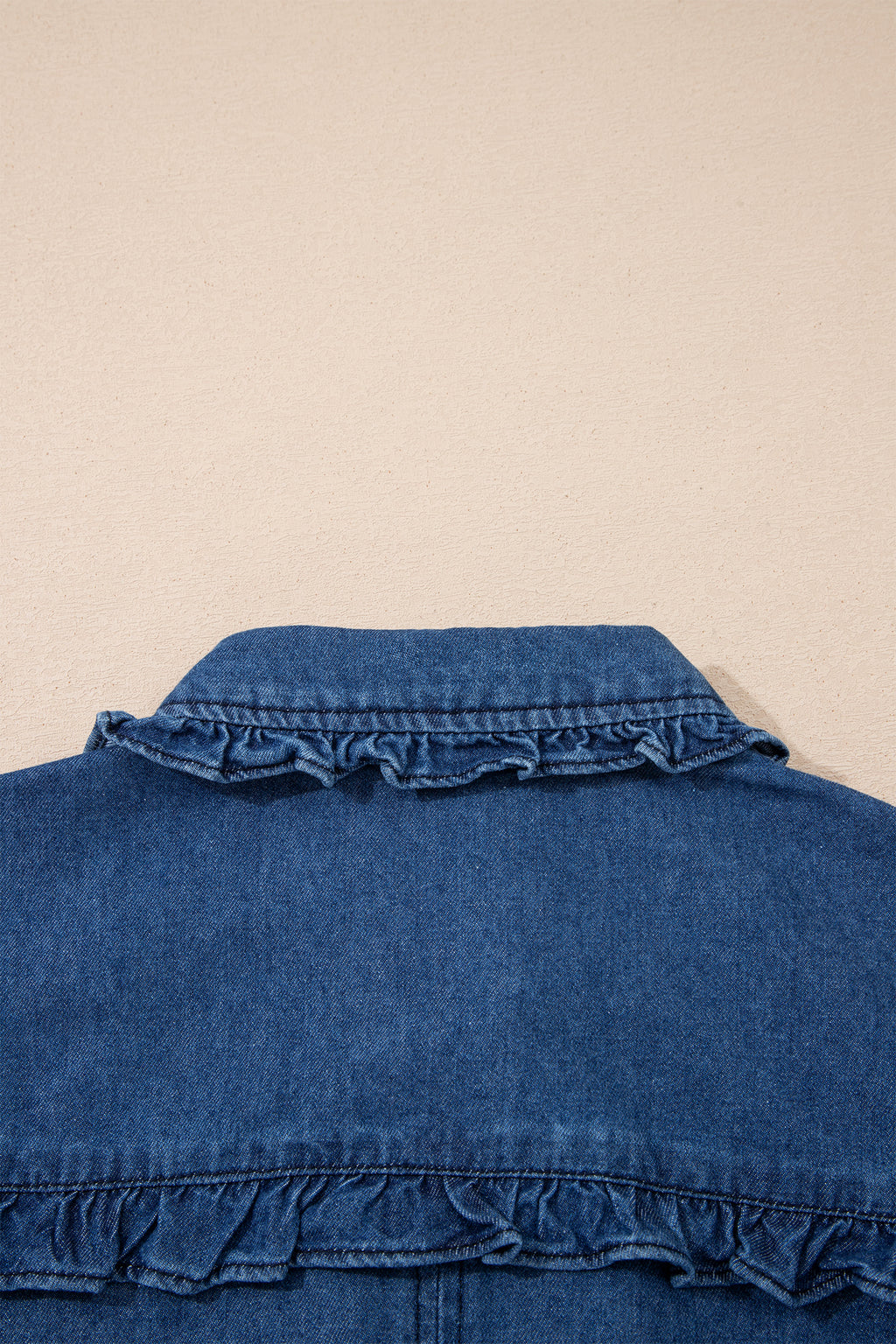 Sail Blue Ruffled Edge Collared Shift Denim Dress with Pockets