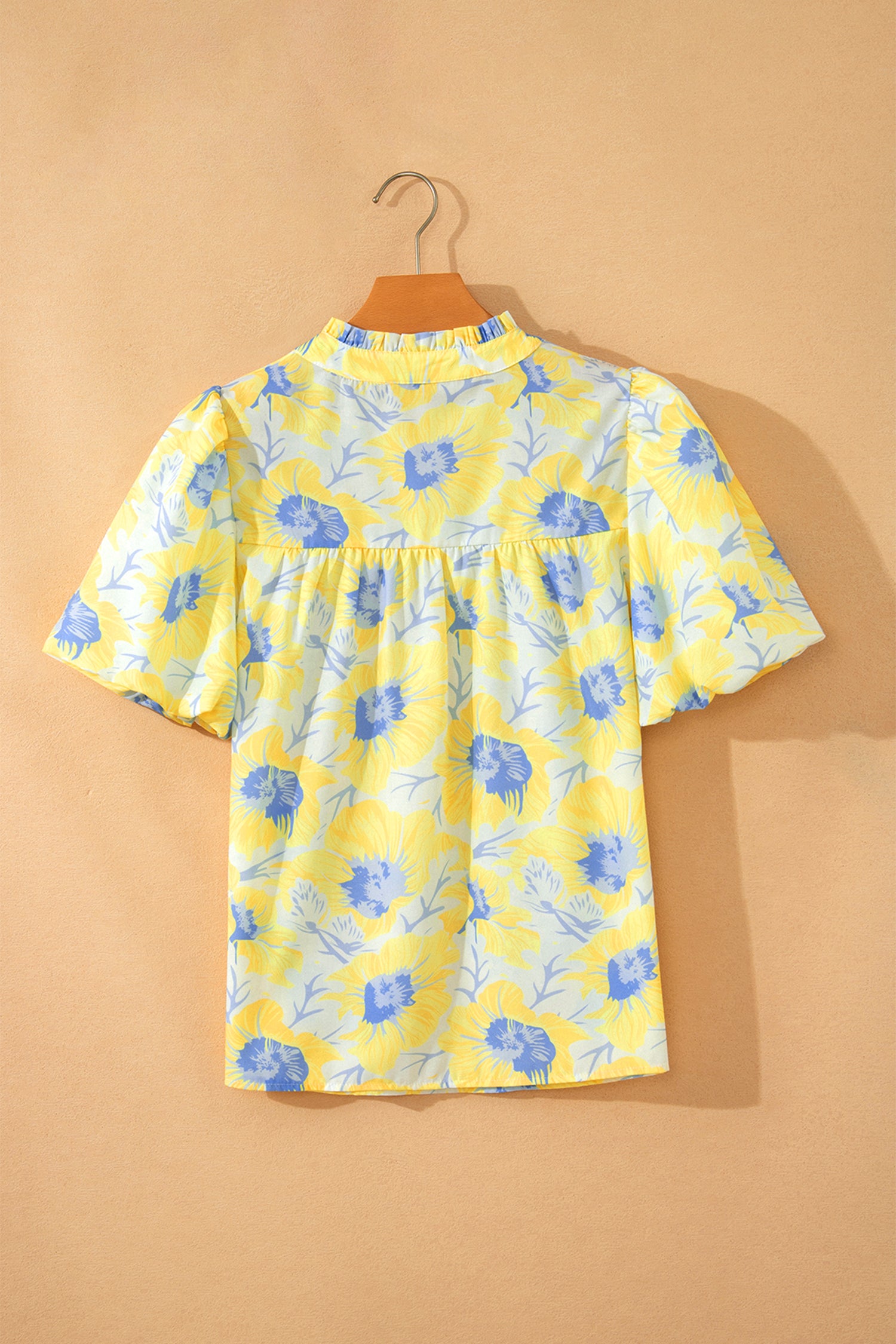 Green Short Bubble Sleeve Summer Floral Blouse