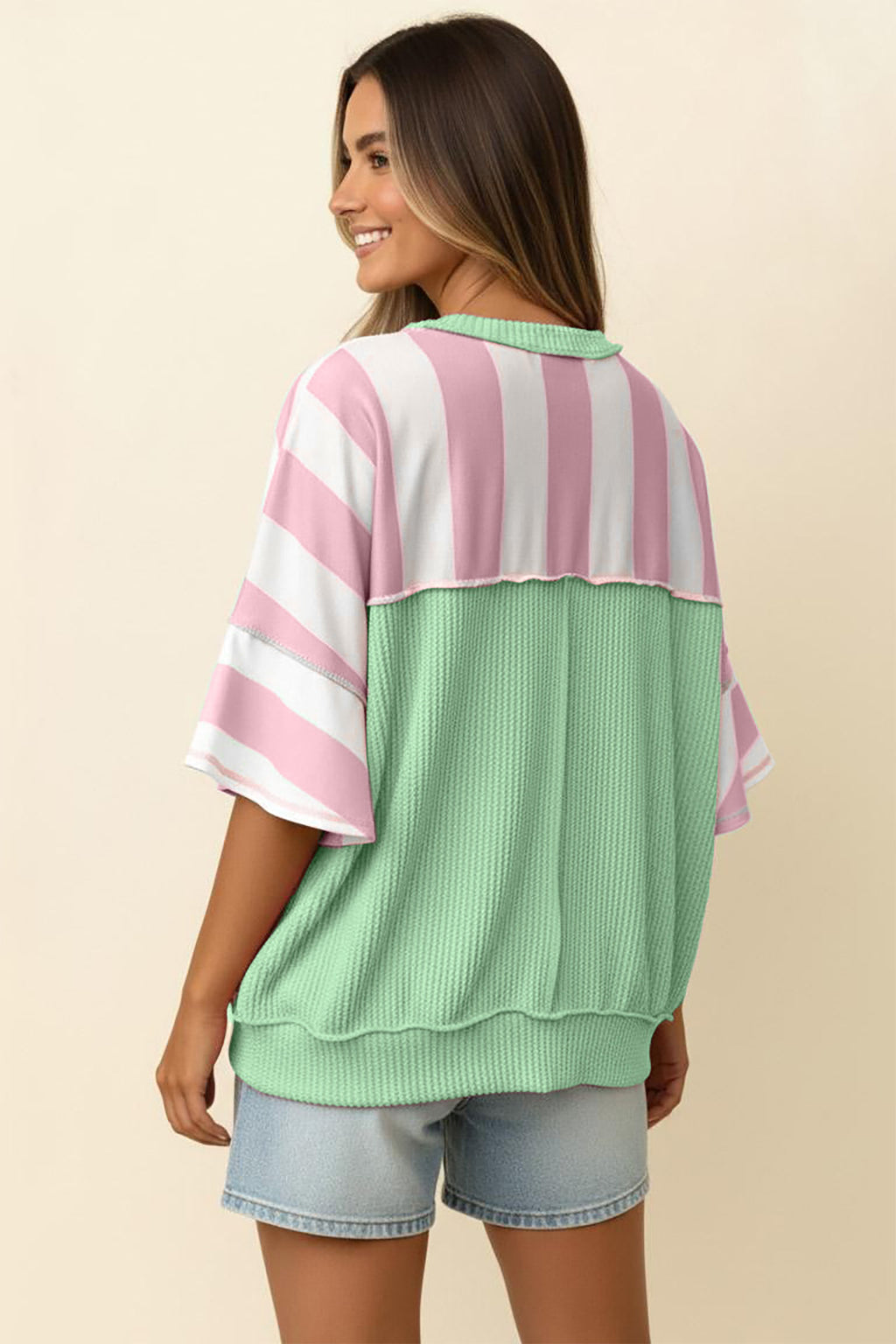 Green Stripe Exposed Seam Ribbed Patchwork Oversized Tee