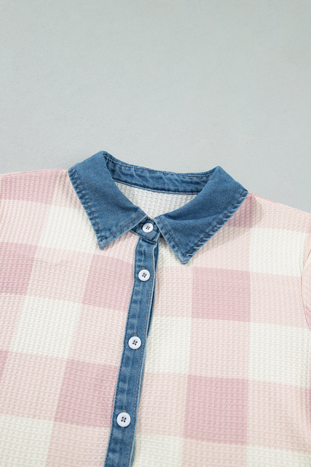 Pink Waffle Plaid Print Contrast Denim Shirt Collar Buttoned T Shirt Mini Dress
