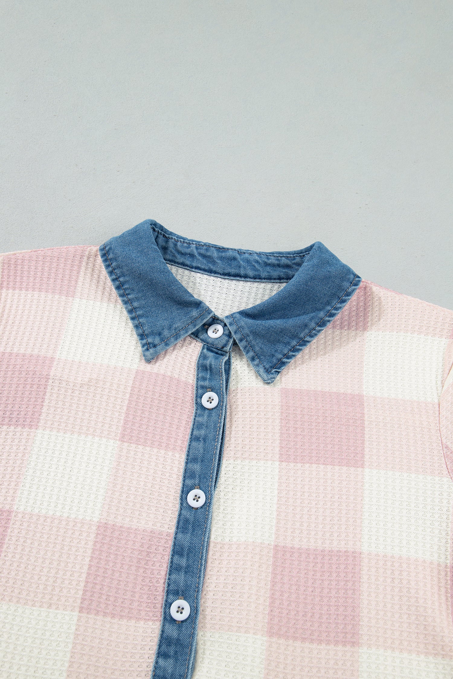 Pink Waffle Plaid Print Contrast Denim Shirt Collar Buttoned T Shirt Mini Dress