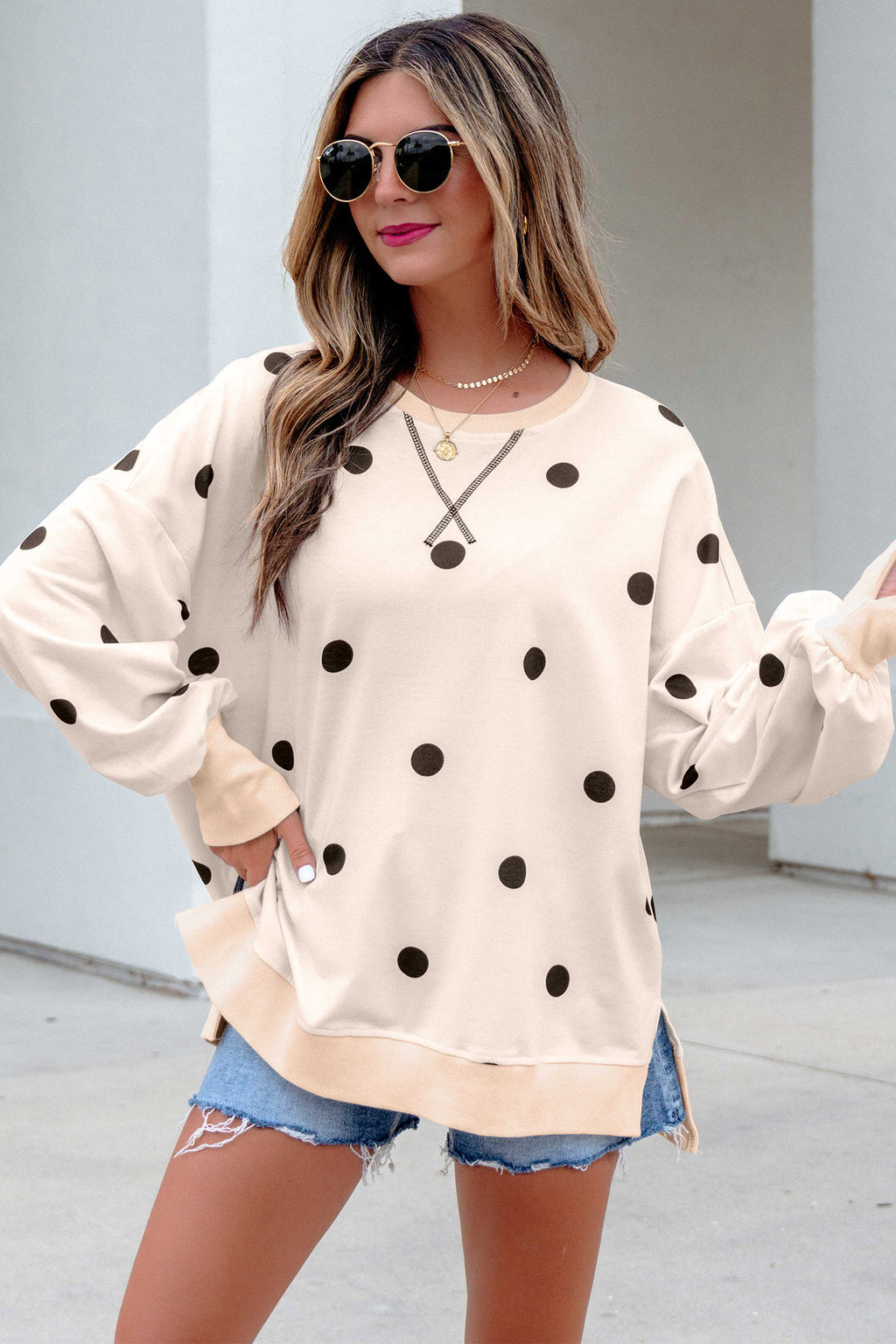 Beige Loose-fit Long Sleeve Round Neck Polka Dot Tunic Sweatshirt
