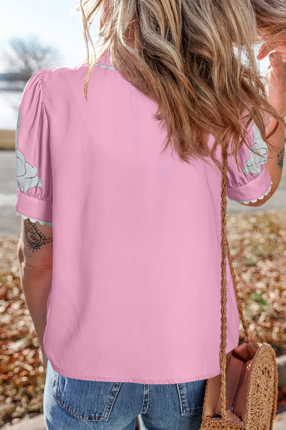 Green Floral Ric Rac Edge Puff Sleeve Button Up Summer Shirt