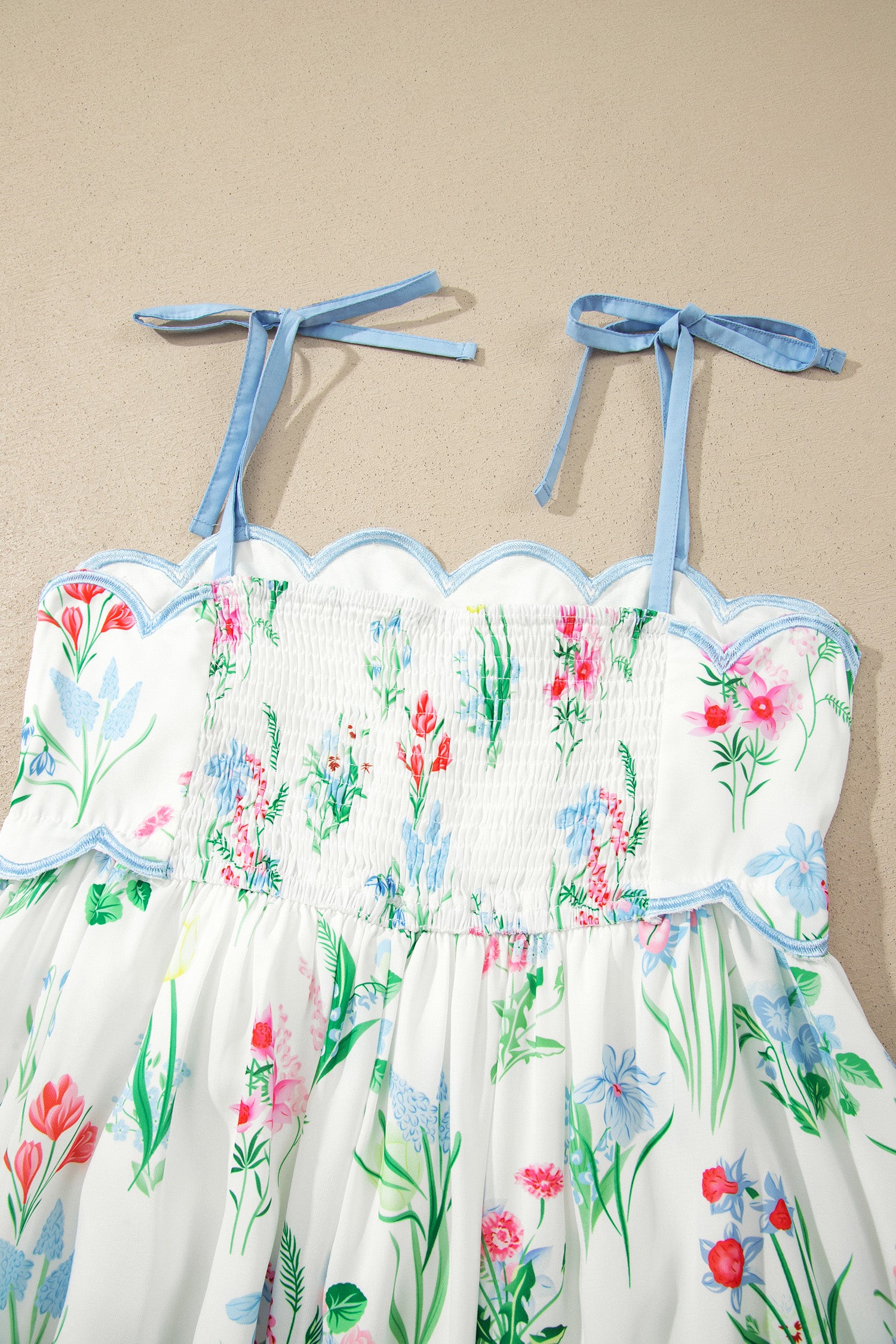 Beige Floral Print Contrast Trim Self-tie Straps High Waist Midi Dress