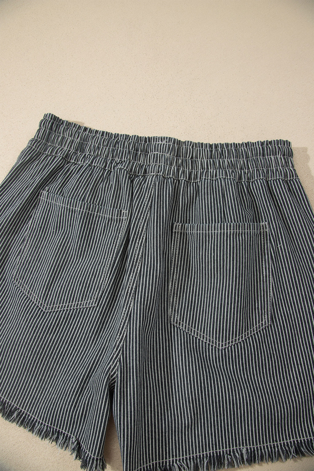 Black Stripe Raw Edge Drawstring Elastic Waist Casual Denim Shorts