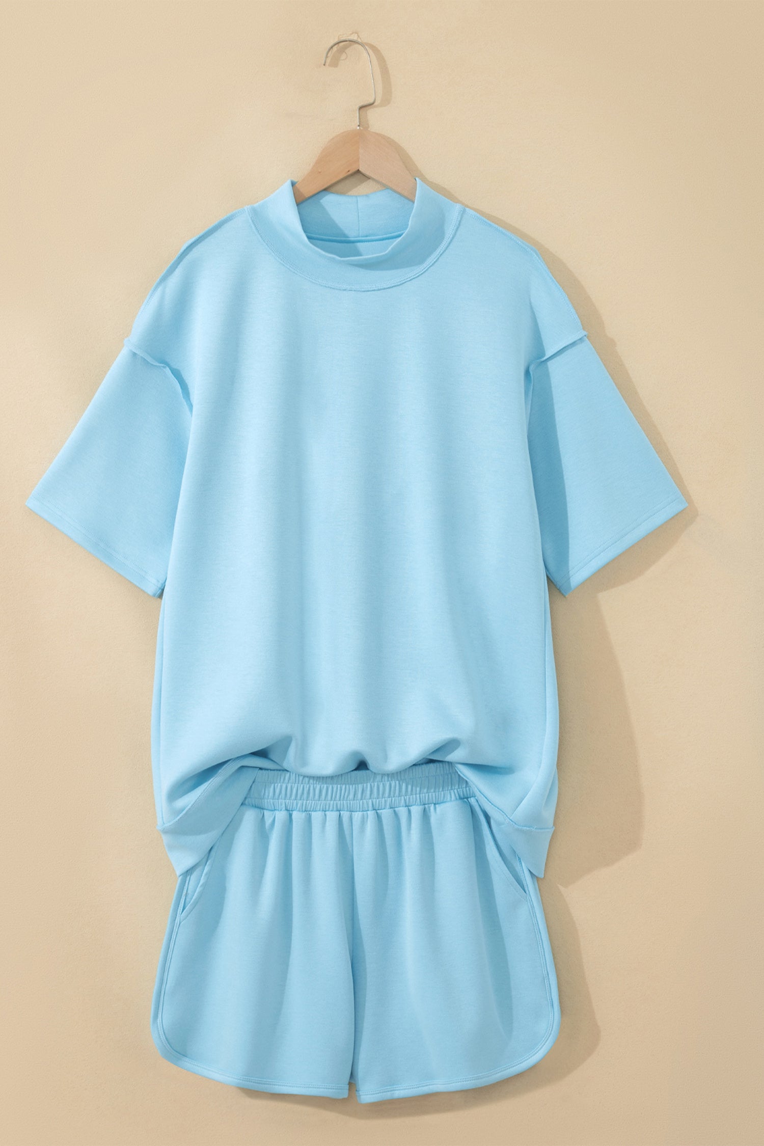 Yellow Cream Solid Color Exposed Seam Mock Neck Oversize Tee Casual Shorts 2pcs Outfit