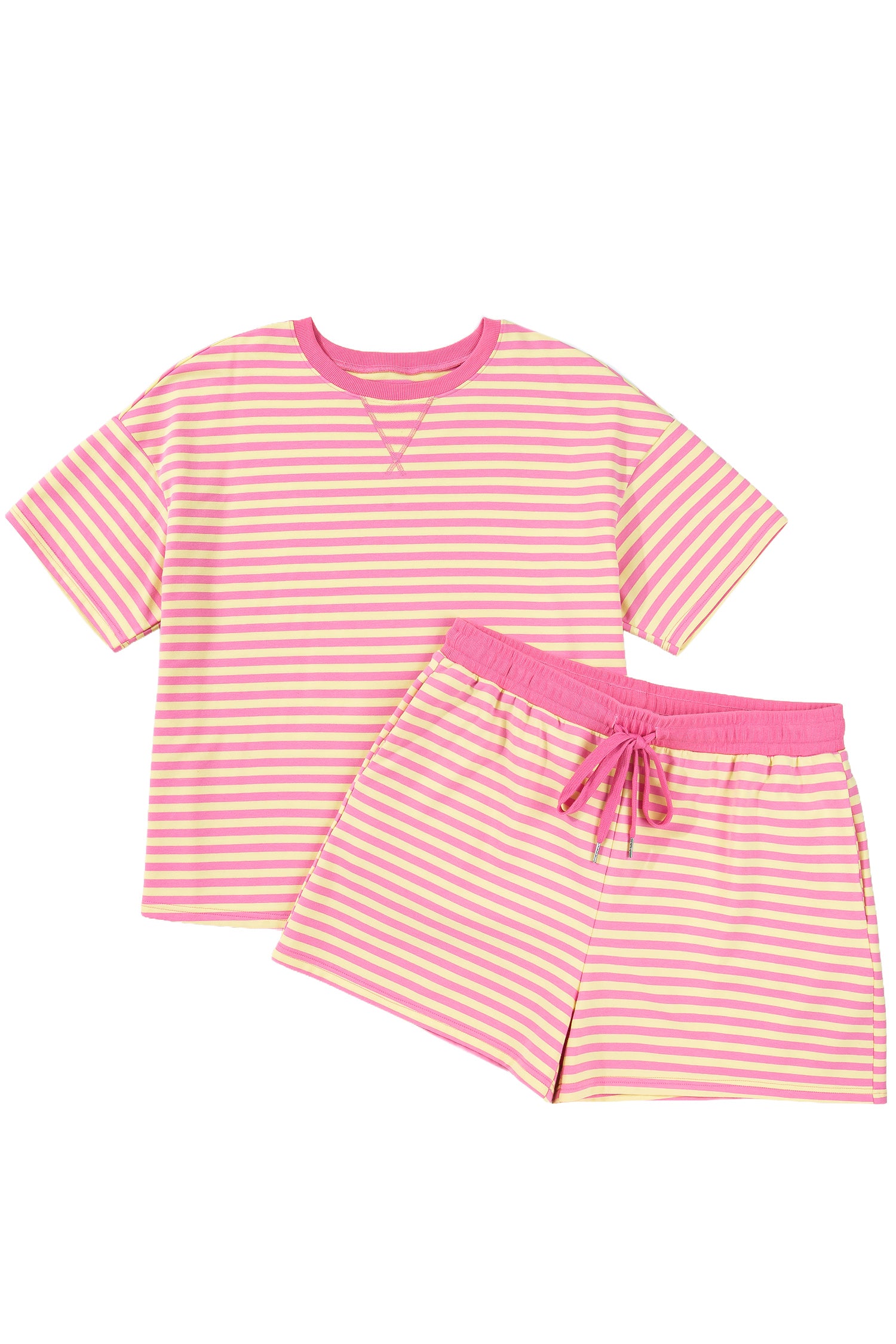 Green Stripe Boxy Tee Drawstring Elastic Waist Plus Size Short Set