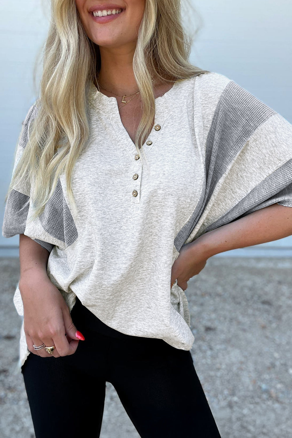 Two Tone Waffle Knit Patched Buttoned V Neck Top