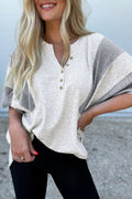 Two Tone Waffle Knit Patched Buttoned V Neck Top