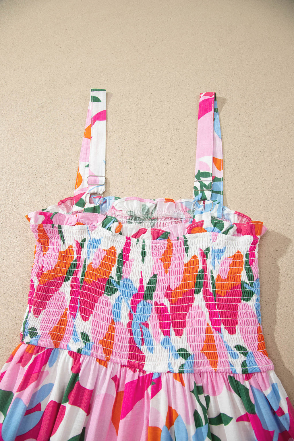 Pink Floral Print Adjustable Straps Smocked High Waist Sundress